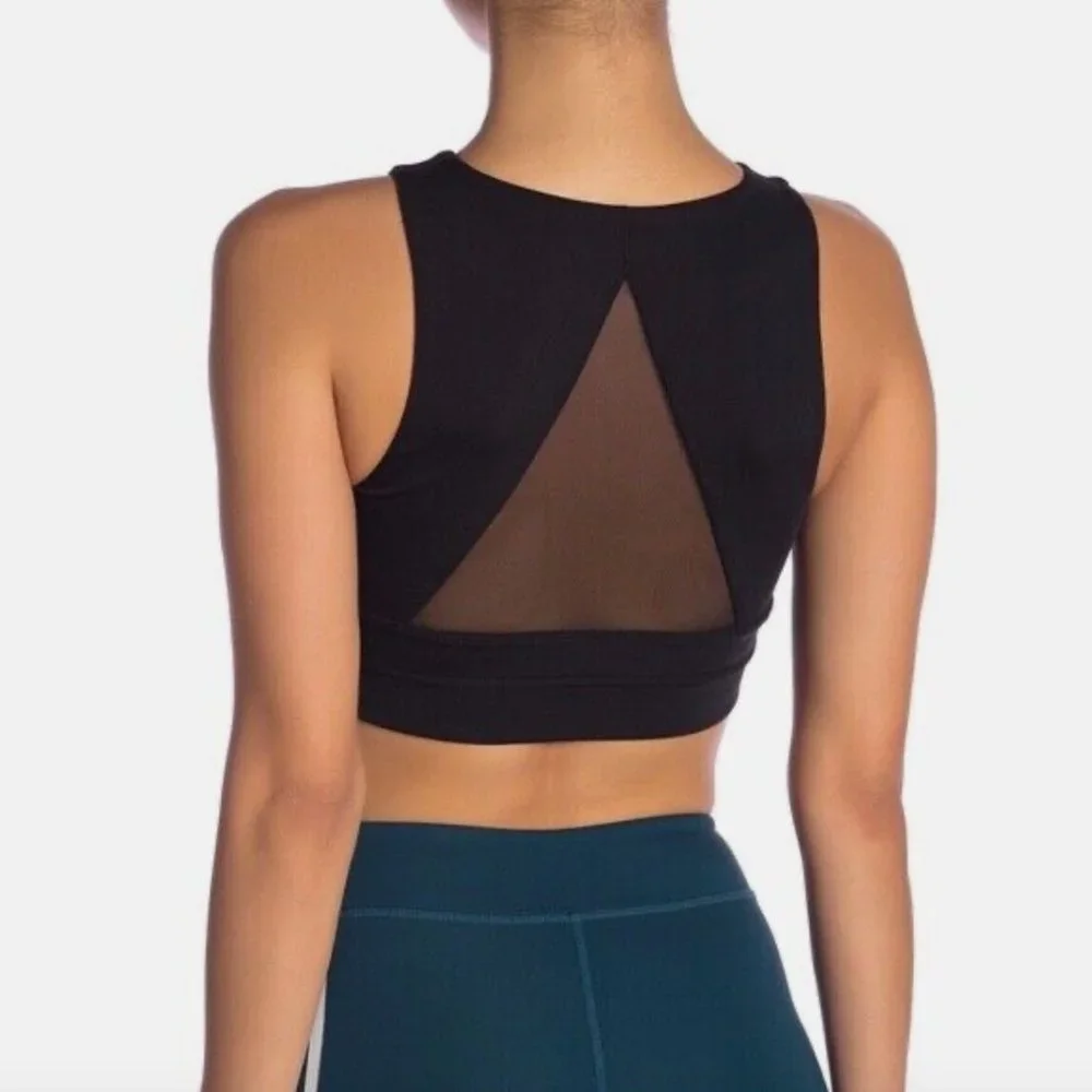 NWT Zella‎ [ Small ] High Neck Front Stripe Mesh Back Sports Bra in Black #6044